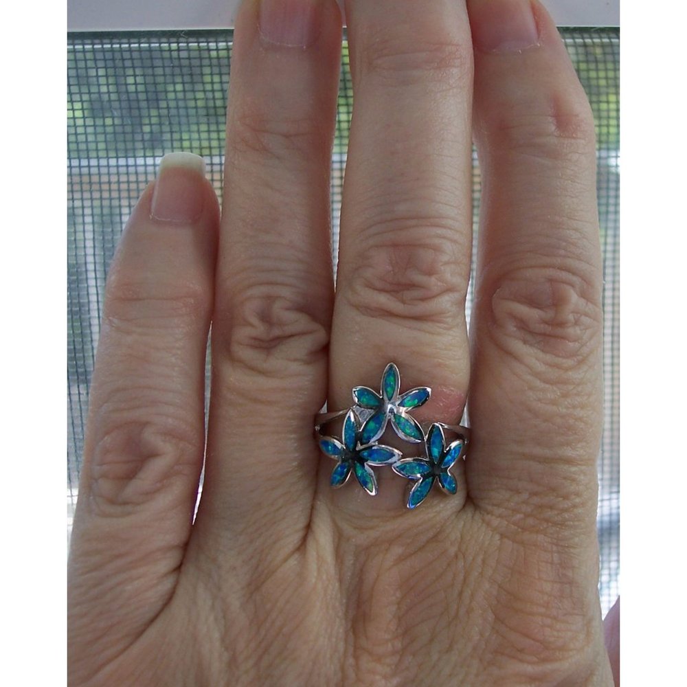 925 STERLING SILVER Lab Created Blue Fire Opal Hawaiian Plumeria Ring - Picture 3 of 16